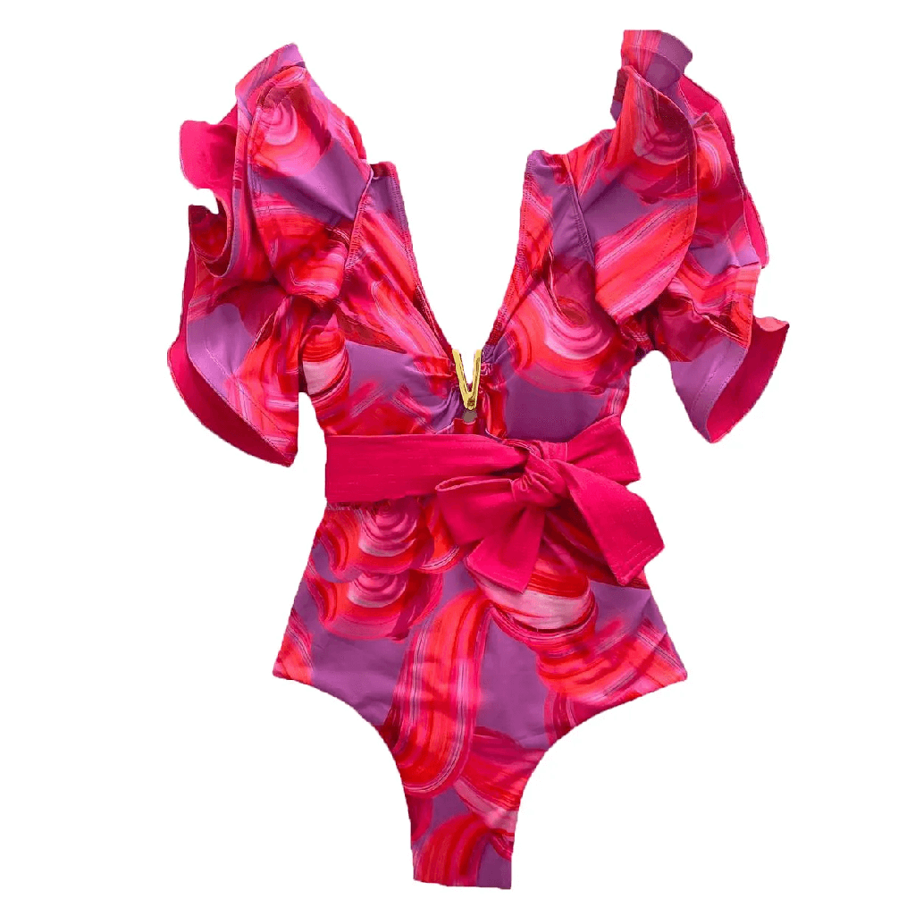 DEEP V-NECK RUFFLE SWIMSUIT