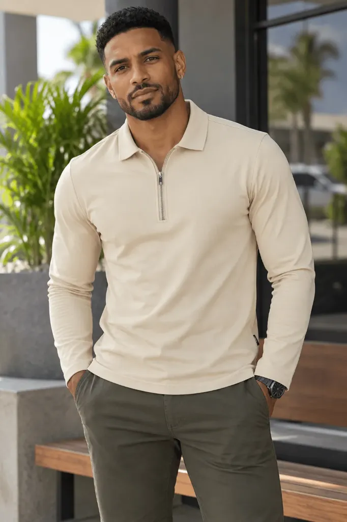 ZIPPED CASUAL LONG SLEEVE POLO