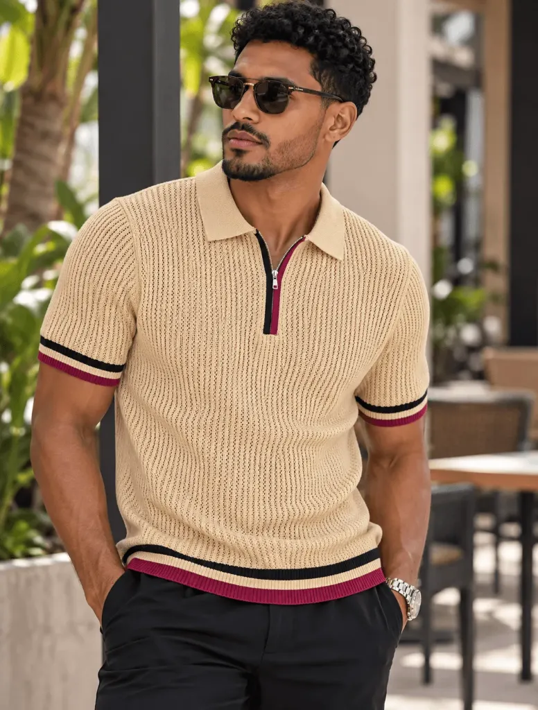 ZIPPERED VARSITY KNIT POLO