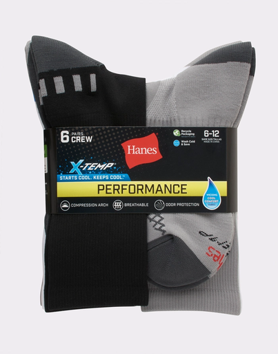 [XTP186-Blk] MEN'S 6PK PERFORMANCE CREW SOCKS