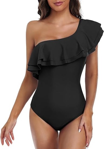 ONE SHOULDER DOUBLE RUFFLE SWIMSUIT