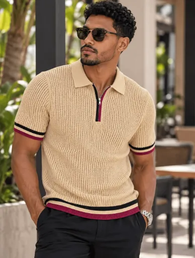 ZIPPERED VARSITY KNIT POLO